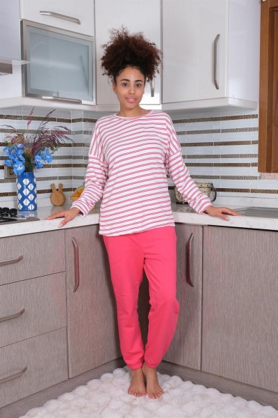 Moda Çizgi Kadın Uzun Kol 3 İplik Penye Pijama Takım 4179 - Thumbnail