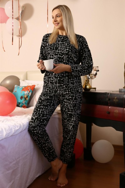 Moda Çizgi Kadın Uzun Kol 3 İplik Penye Pijama Takım 4180 - Thumbnail