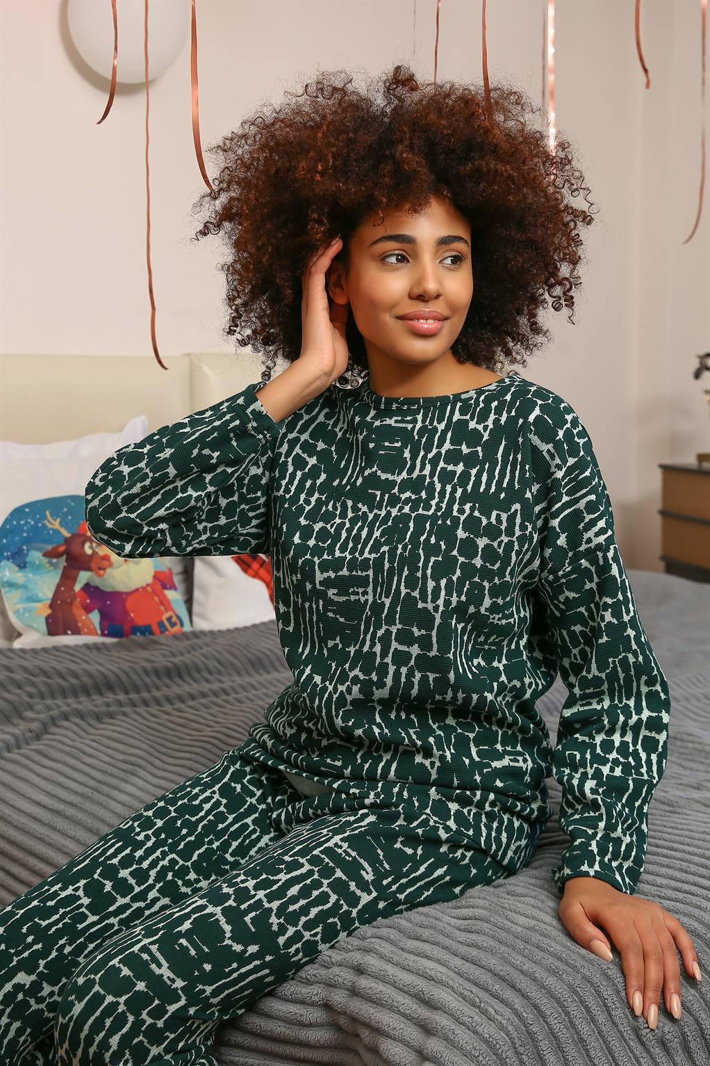 Moda Çizgi Kadın Uzun Kol 3 İplik Penye Pijama Takım 4181 - S | Yeşil