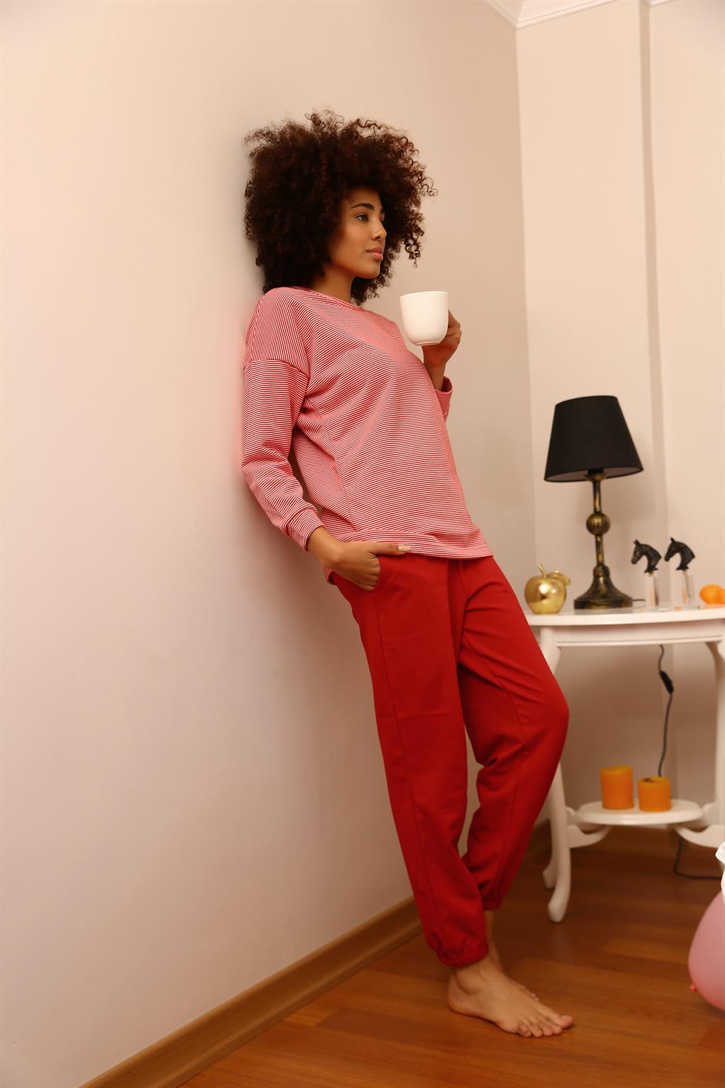 Moda Çizgi Kadın Uzun Kol 3 İplik Penye Pijama Takım 4184 - S | Kırmızı