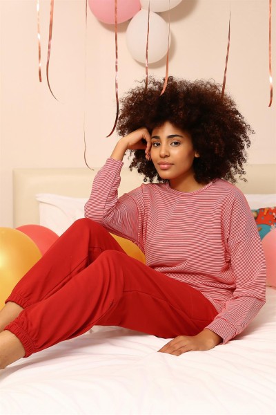 Moda Çizgi Kadın Uzun Kol 3 İplik Penye Pijama Takım 4184 - Thumbnail