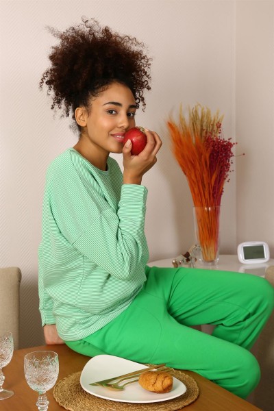 Moda Çizgi Kadın Uzun Kol 3 İplik Penye Pijama Takım 4191 - Thumbnail
