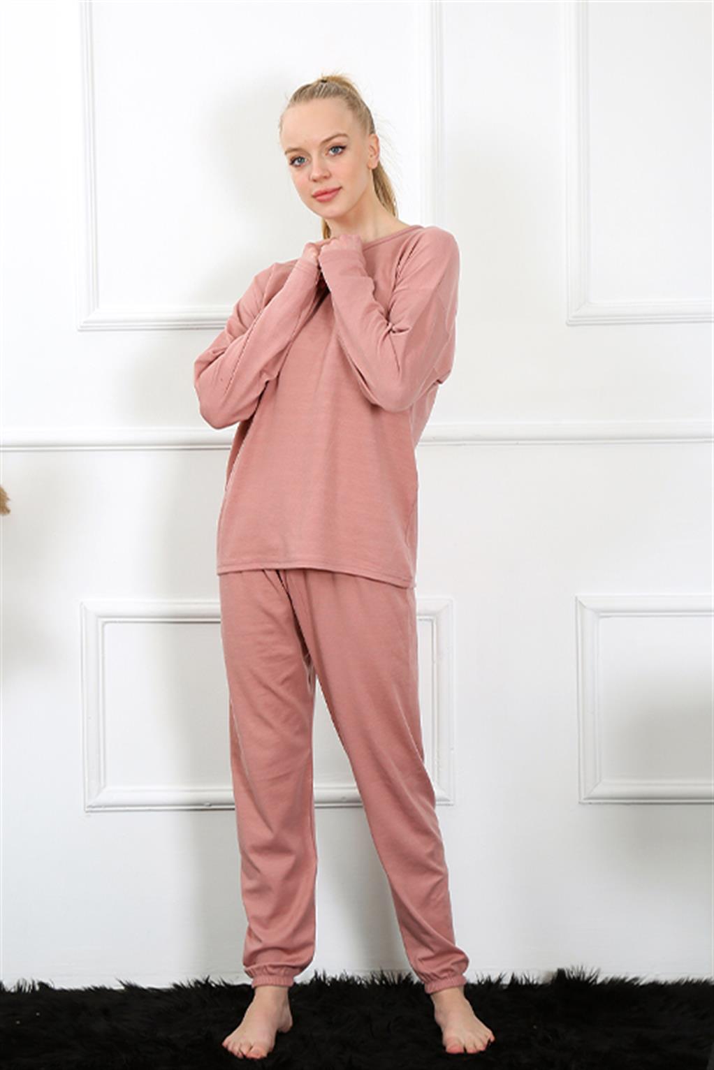 Moda Çizgi Kadın Uzun Kol Penye Gül Kurusu Pijama Takım 4132 - M | Gül Kurusu
