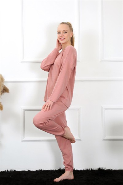 Moda Çizgi Kadın Uzun Kol Penye Gül Kurusu Pijama Takım 4132 - Thumbnail