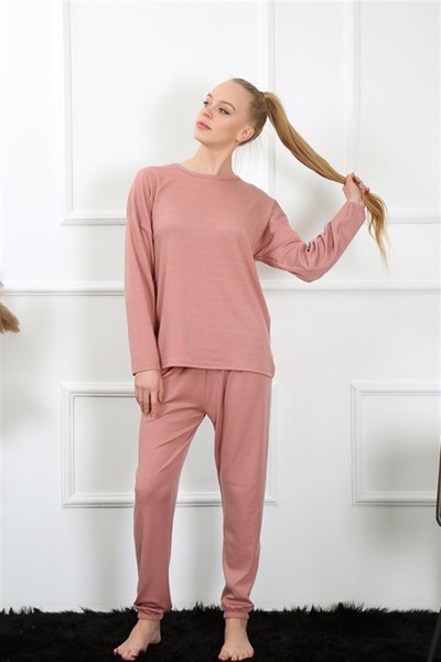 Moda Çizgi Kadın Uzun Kol Penye Gül Kurusu Pijama Takım 4132 - Thumbnail