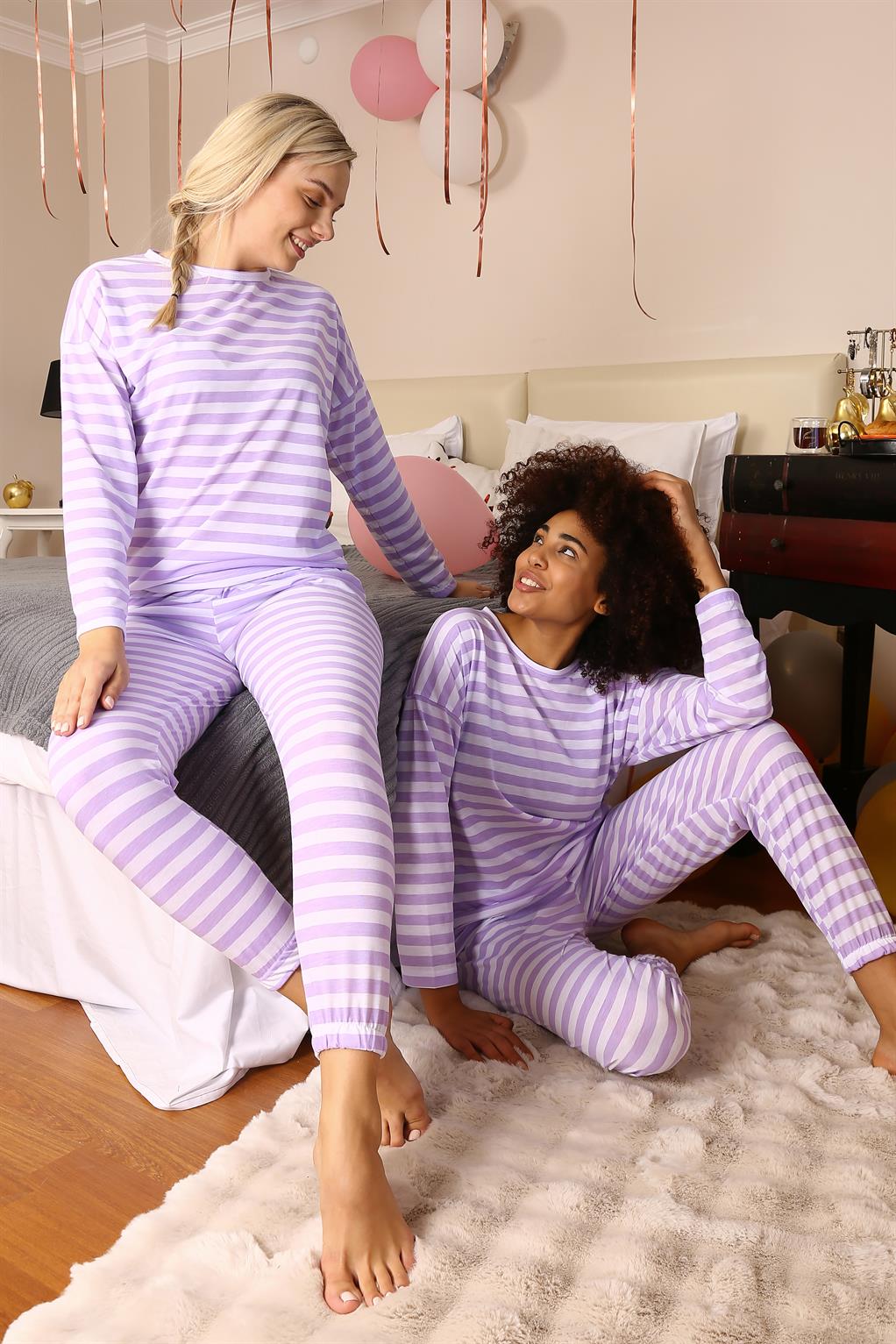Moda Çizgi Kadın Uzun Kol Penye Pijama Takım 4175 - 2XL | Lila