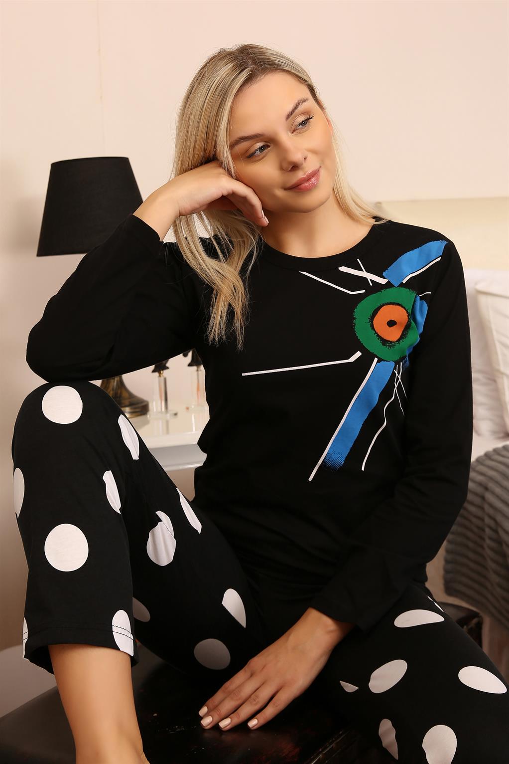 Moda Çizgi Kadın Uzun Kol Penye Pijama Takım 4176 - 2XL | Siyah