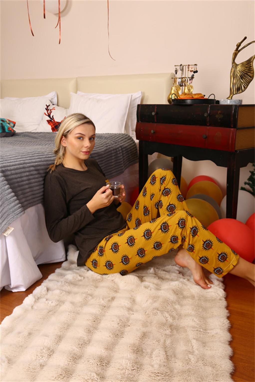 Moda Çizgi Kadın Uzun Kol Penye Pijama Takım 4192 - S | Kahve