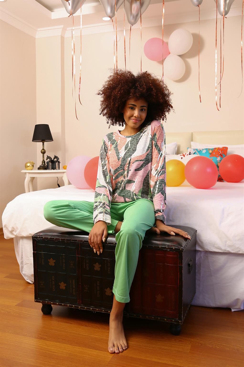 Moda Çizgi Kadın Uzun Kol Penye Pijama Takım 4201 - 2XL | Fıstık Yeşili