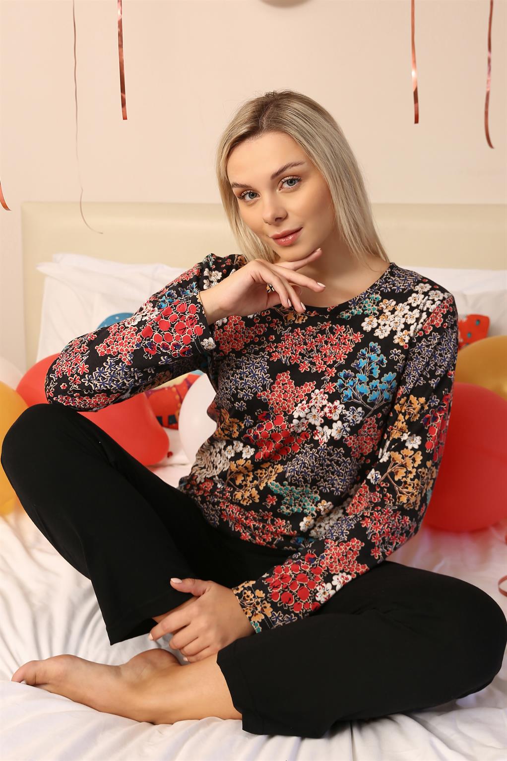 Moda Çizgi Kadın Uzun Kol Penye Pijama Takım 4205 - 2XL | Siyah