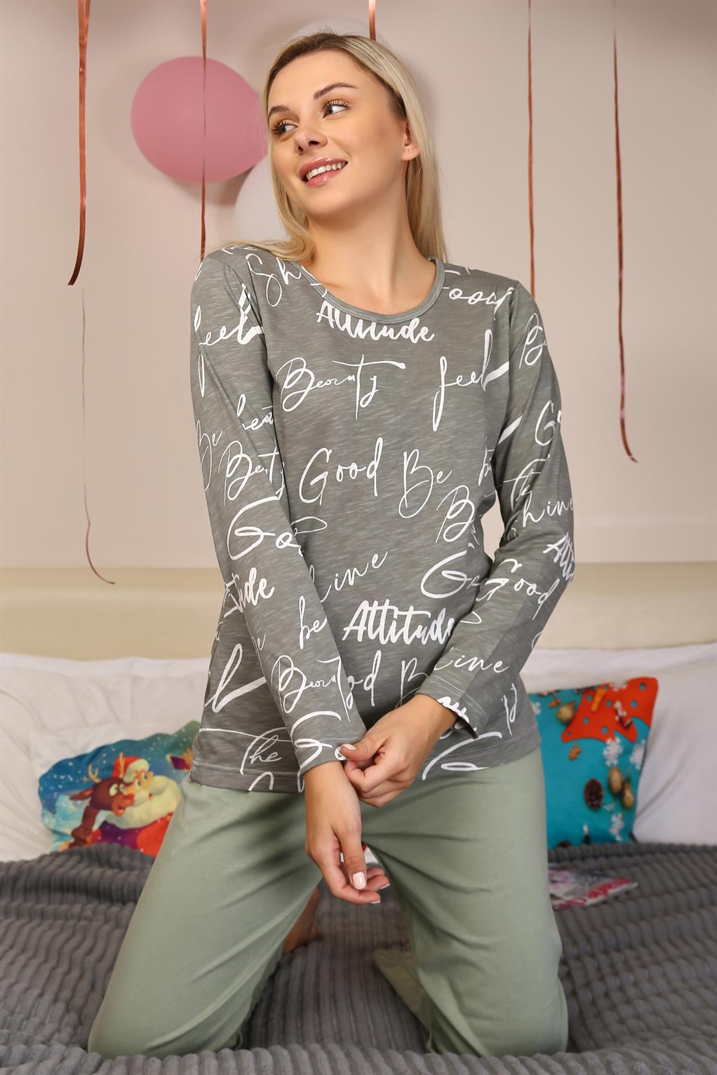 Moda Çizgi Kadın Uzun Kol Penye Pijama Takım 4206 - XL | Füme