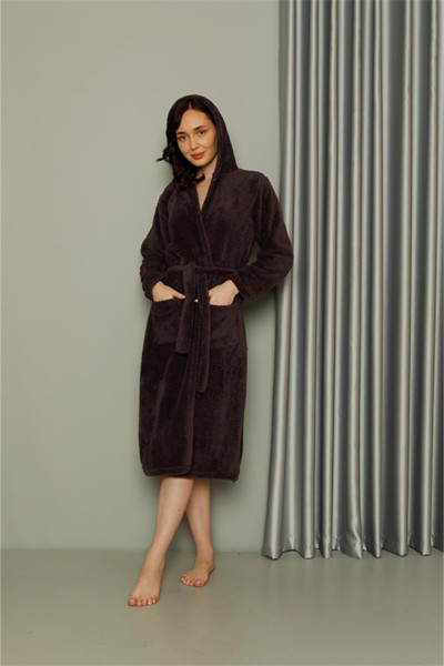 Moda Çizgi Kadın Welsoft Polar Uzun Kahverengi Sabahlık 20577 - Thumbnail