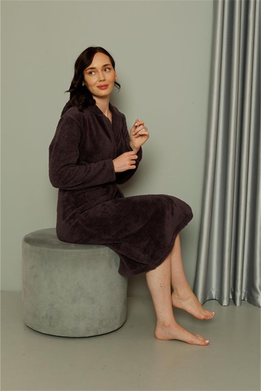 Moda Çizgi Kadın Welsoft Polar Uzun Kahverengi Sabahlık 20577 - 6