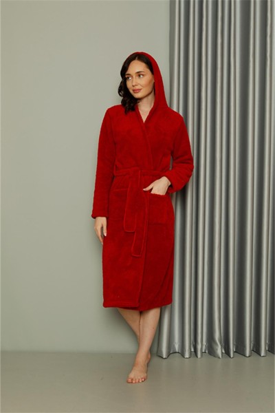 Moda Çizgi - Moda Çizgi Kadın Welsoft Polar Uzun Kırmızı Sabahlık 20577