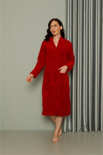 Moda Çizgi Kadın Welsoft Polar Uzun Kırmızı Sabahlık 20577 - Thumbnail