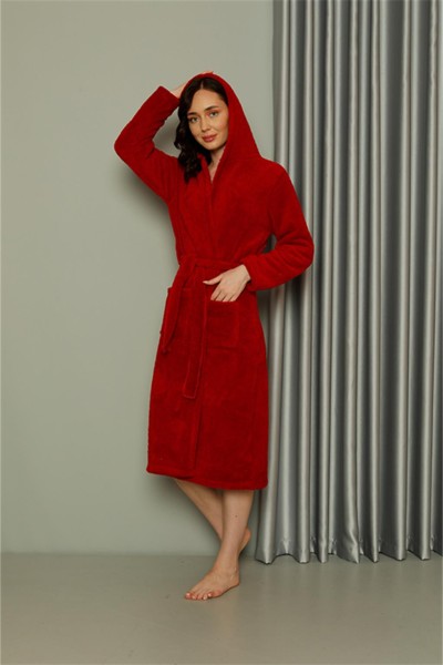 Moda Çizgi Kadın Welsoft Polar Uzun Kırmızı Sabahlık 20577 - Thumbnail