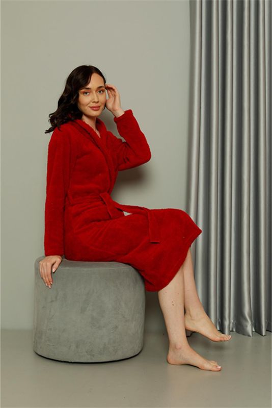 Moda Çizgi Kadın Welsoft Polar Uzun Kırmızı Sabahlık 20577 - 7