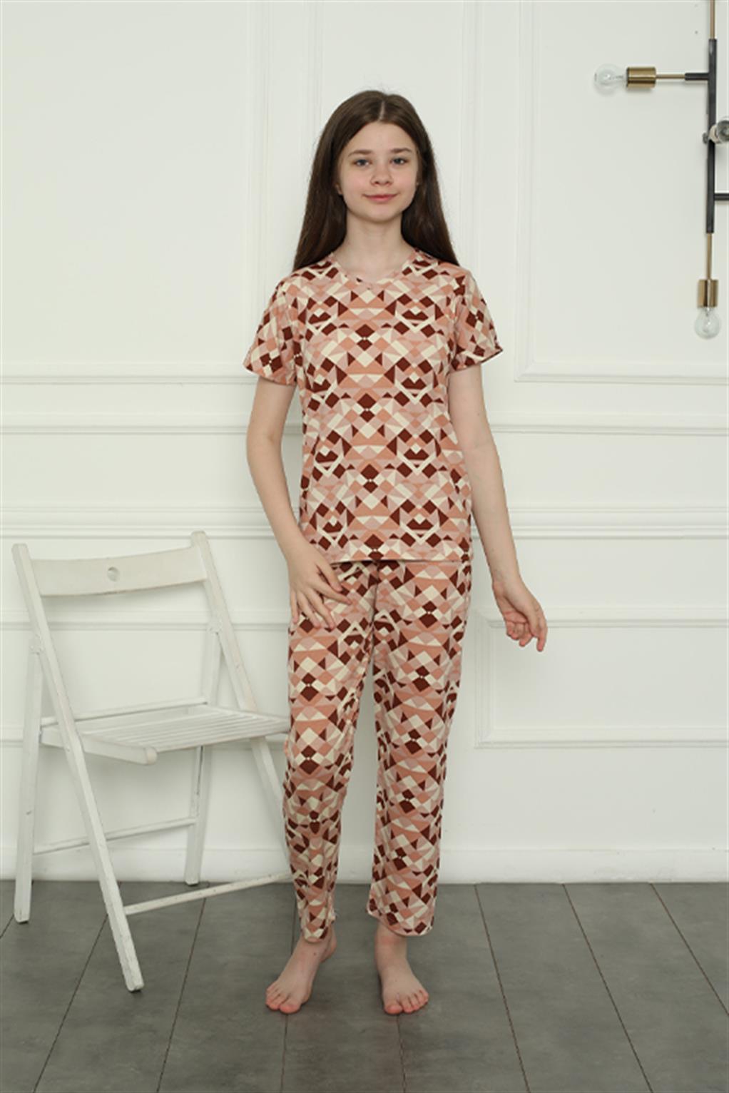 Moda Çizgi Kız Çocuk Penye Pijama Takım 20396 - 15-16 | Sütlü Kahve