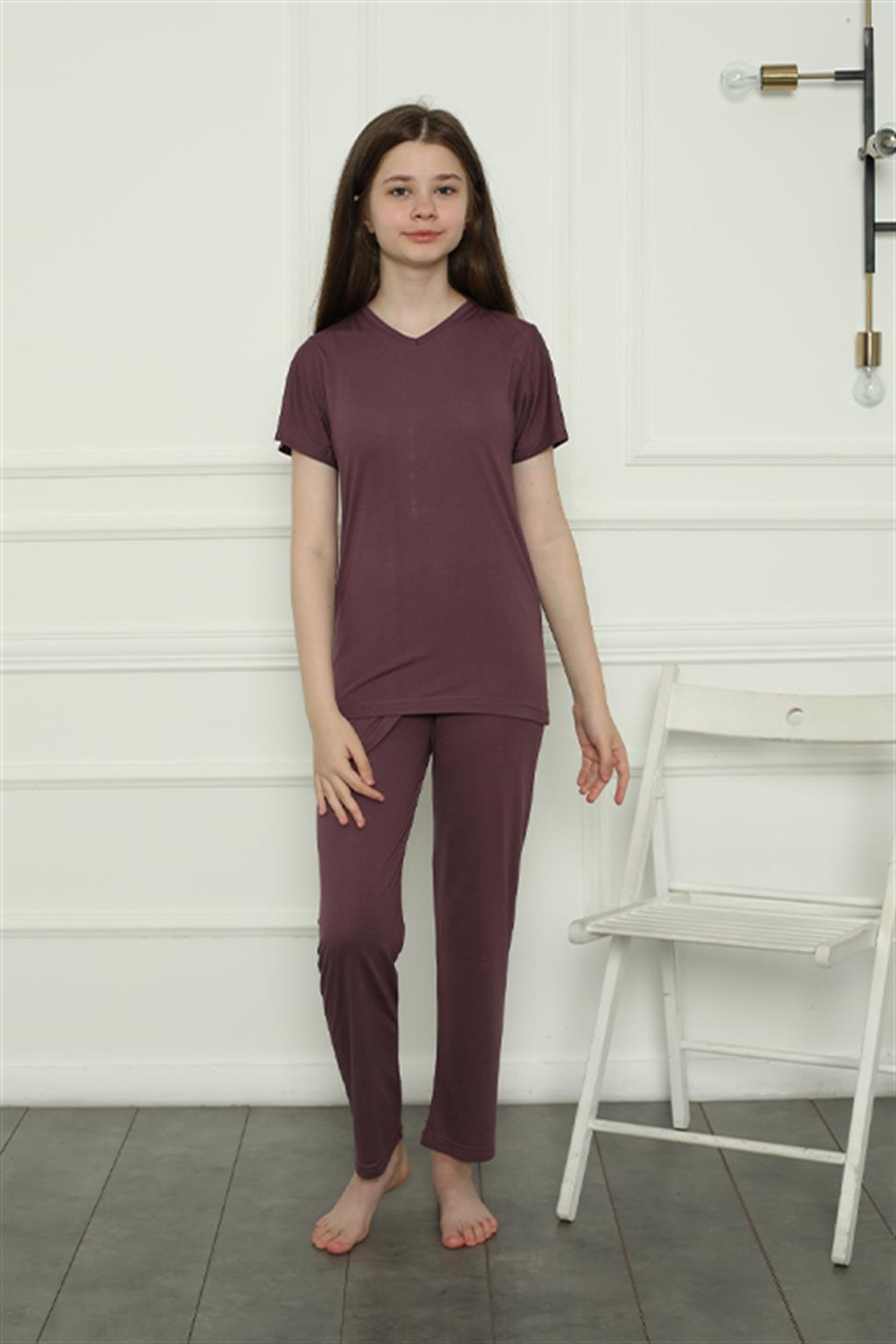Moda Çizgi Kız Çocuk Penye Pijama Takım 20399 - 15-16 | Mürdüm