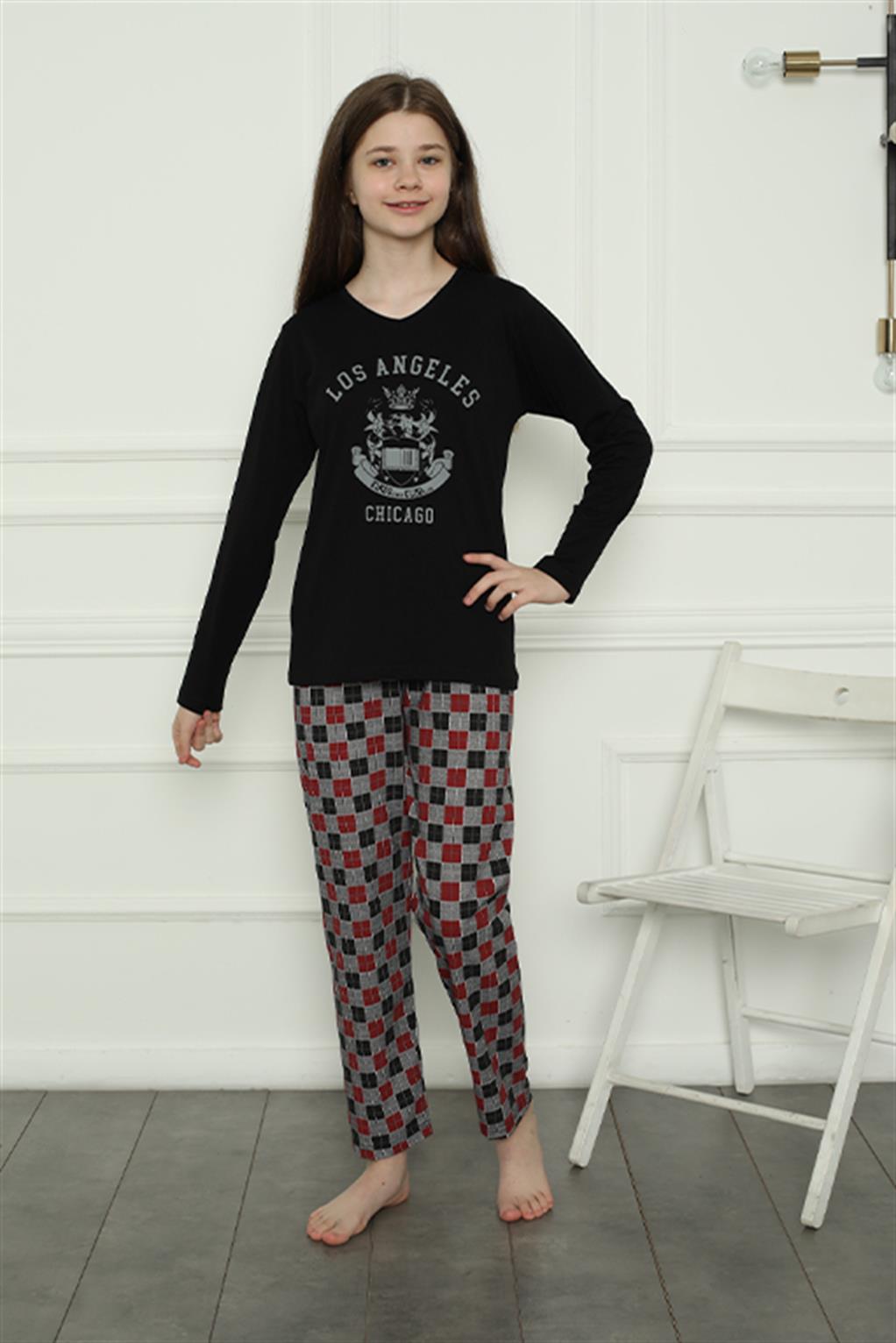 Moda Çizgi Kız Çocuk Penye Pijama Takım 20401 - 15-16 | Siyah