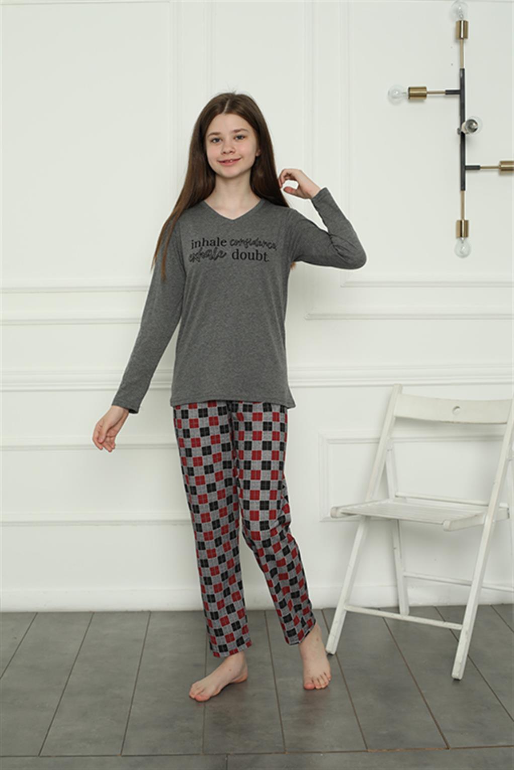 Moda Çizgi Kız Çocuk Penye Pijama Takım 20402 - 9-10 | Antrasit