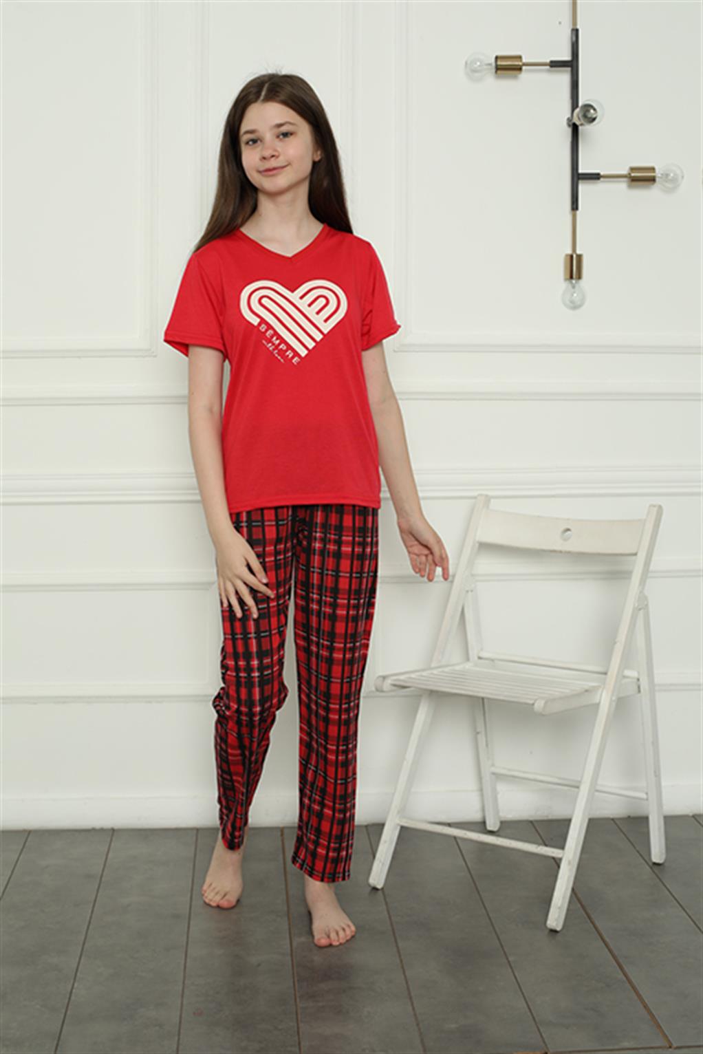 Moda Çizgi Kız Çocuk Penye Pijama Takım 20404 - 3-4 | Kırmızı