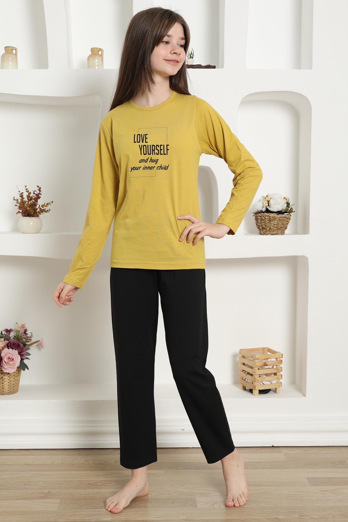 Moda Çizgi Kız Çocuk Penye Pijama Takım 20420 - 11-12 | Sarı