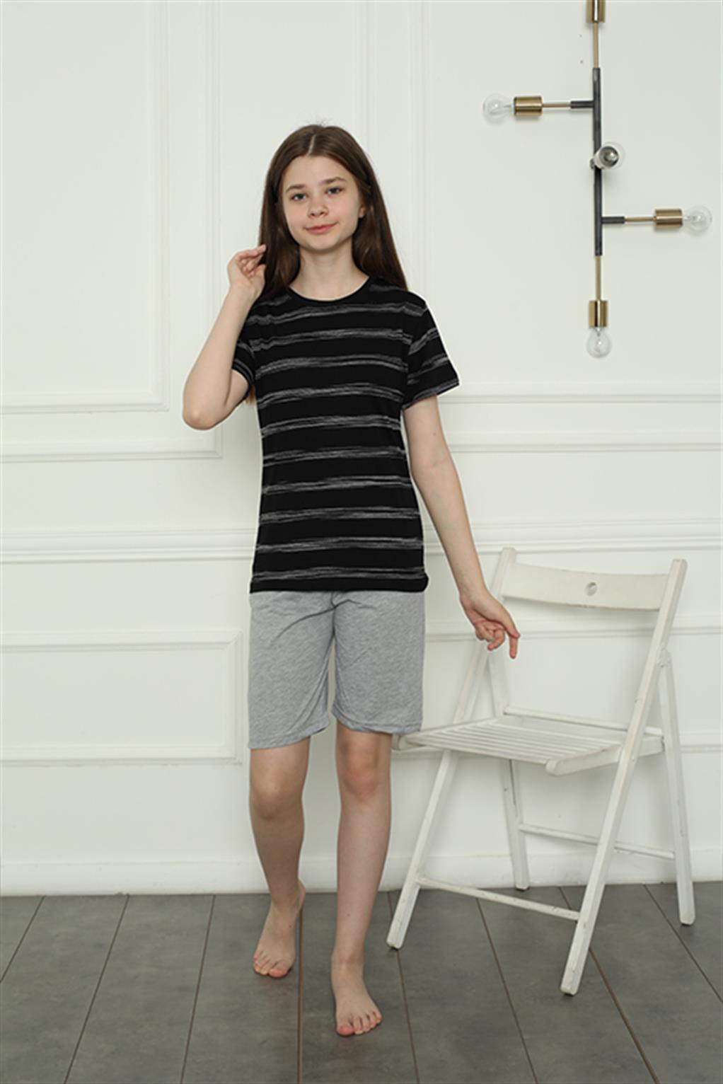Moda Çizgi Kız Çocuk Penye Şortlu Pijama Takım 20405 - 11-12 | Siyah