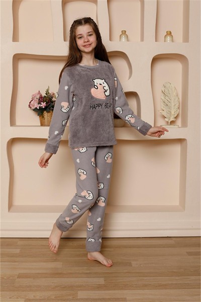 Moda Çizgi Kız Çocuk WelSoft Polar Gri Pijama Takımı 20523 - Thumbnail