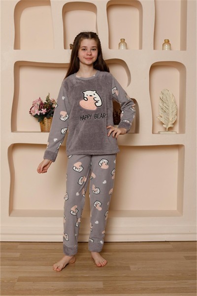 Moda Çizgi Kız Çocuk WelSoft Polar Gri Pijama Takımı 20523 - Thumbnail