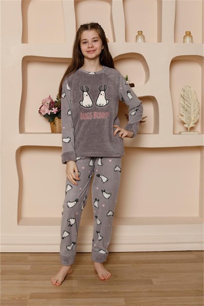 Moda Çizgi Kız Çocuk WelSoft Polar Gri Pijama Takımı 20524 - Thumbnail