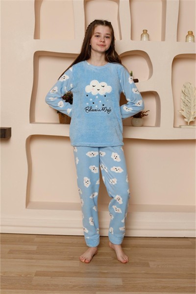 Moda Çizgi Kız Çocuk WelSoft Polar Mavi Pijama Takımı 20527 - Thumbnail