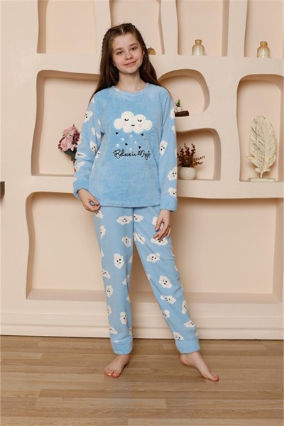 Moda Çizgi Kız Çocuk WelSoft Polar Mavi Pijama Takımı 20527 - Thumbnail