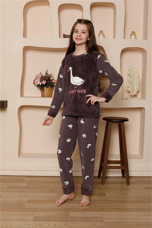 Moda Çizgi Kız Çocuk WelSoft Polar Mürdüm Pijama Takımı 20525 - 1