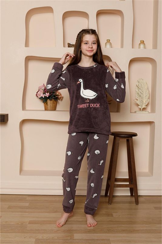 Moda Çizgi Kız Çocuk WelSoft Polar Mürdüm Pijama Takımı 20525 - 2