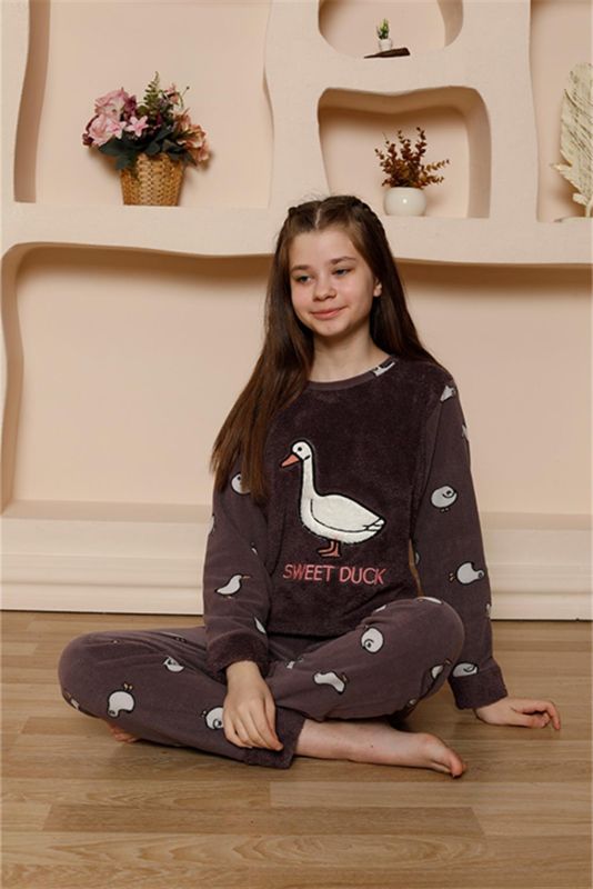 Moda Çizgi Kız Çocuk WelSoft Polar Mürdüm Pijama Takımı 20525 - 3