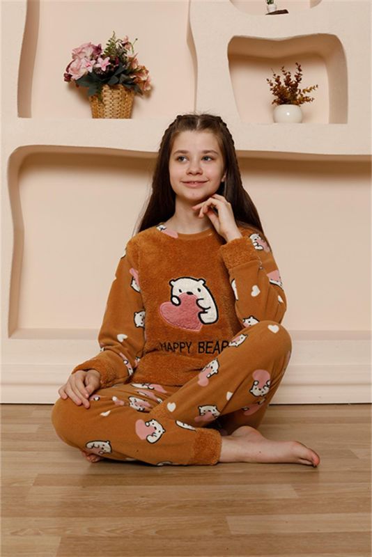 Moda Çizgi Kız Çocuk WelSoft Polar Sütlü Kahve Pijama Takımı 20523 - 1