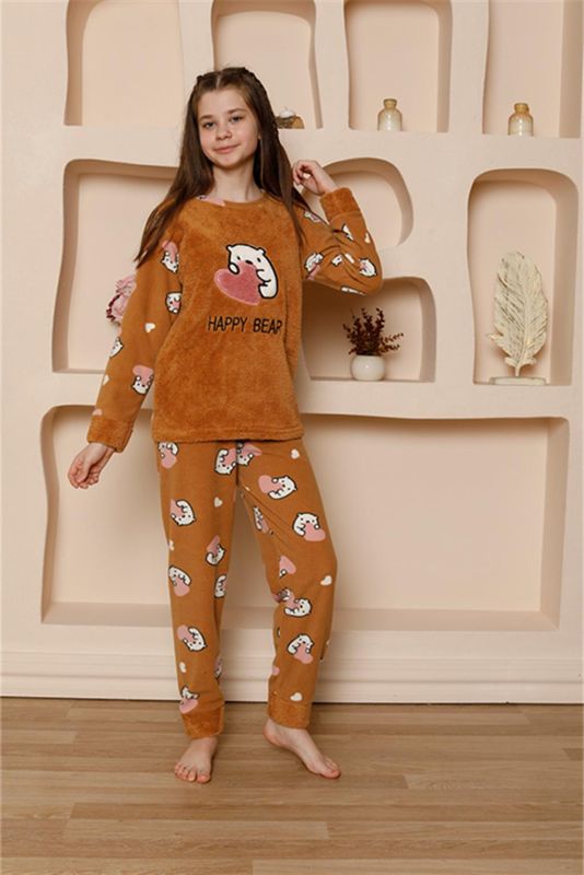 Moda Çizgi Kız Çocuk WelSoft Polar Sütlü Kahve Pijama Takımı 20523 - 2