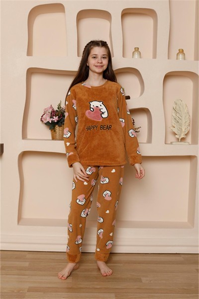 Moda Çizgi Kız Çocuk WelSoft Polar Sütlü Kahve Pijama Takımı 20523 - Thumbnail