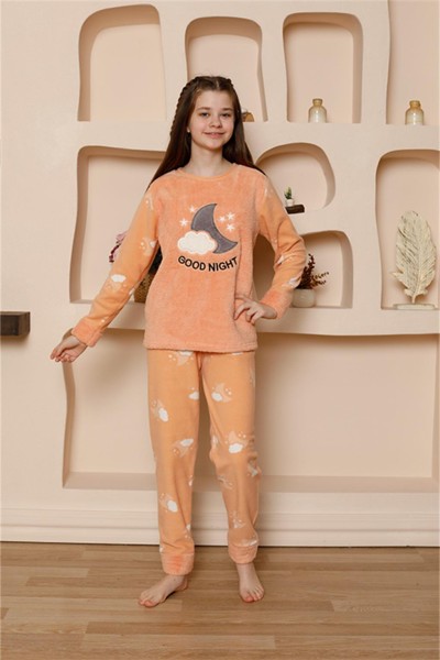 Moda Çizgi Kız Çocuk WelSoft Polar Turuncu Pijama Takımı 20526 - Thumbnail