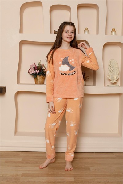 Moda Çizgi Kız Çocuk WelSoft Polar Turuncu Pijama Takımı 20526 - Thumbnail