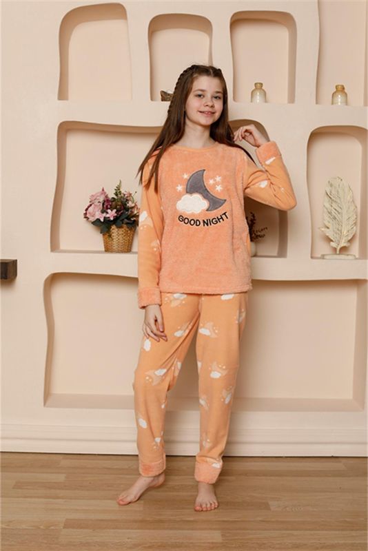 Moda Çizgi Kız Çocuk WelSoft Polar Turuncu Pijama Takımı 20526 - 2