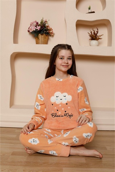 Moda Çizgi - Moda Çizgi Kız Çocuk WelSoft Polar Turuncu Pijama Takımı 20527
