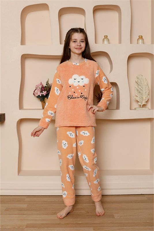 Moda Çizgi Kız Çocuk WelSoft Polar Turuncu Pijama Takımı 20527 - 3