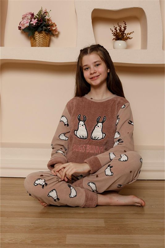 Moda Çizgi Kız Çocuk WelSoft Polar Vizon Pijama Takımı 20524 - 1