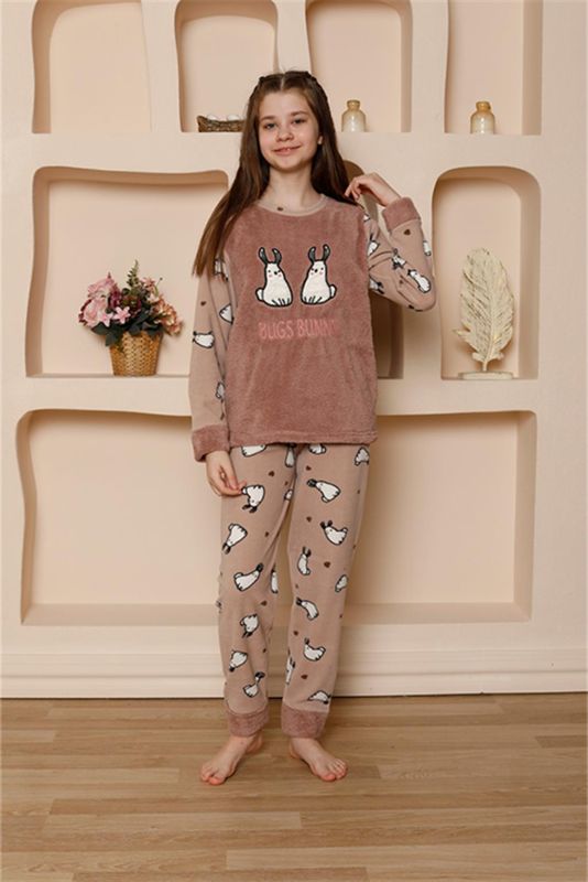 Moda Çizgi Kız Çocuk WelSoft Polar Vizon Pijama Takımı 20524 - 2