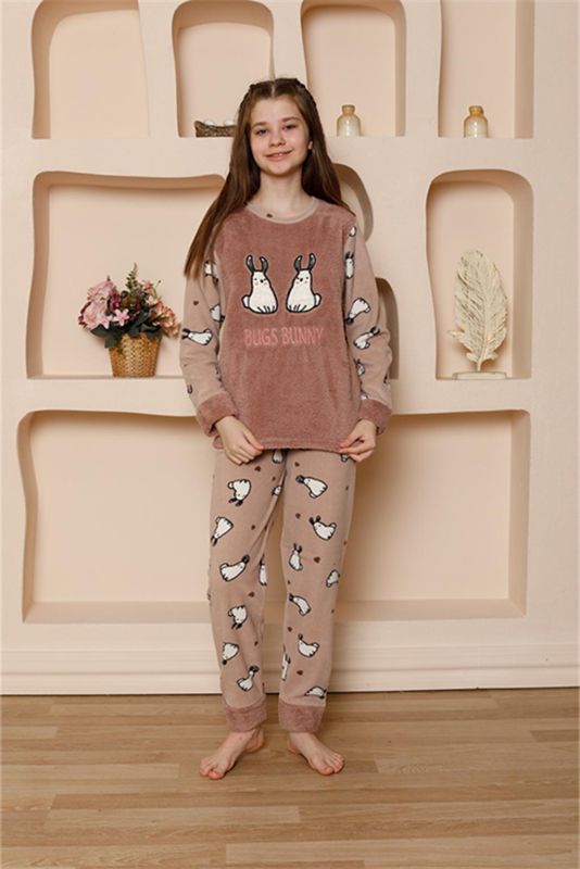 Moda Çizgi Kız Çocuk WelSoft Polar Vizon Pijama Takımı 20524 - 3