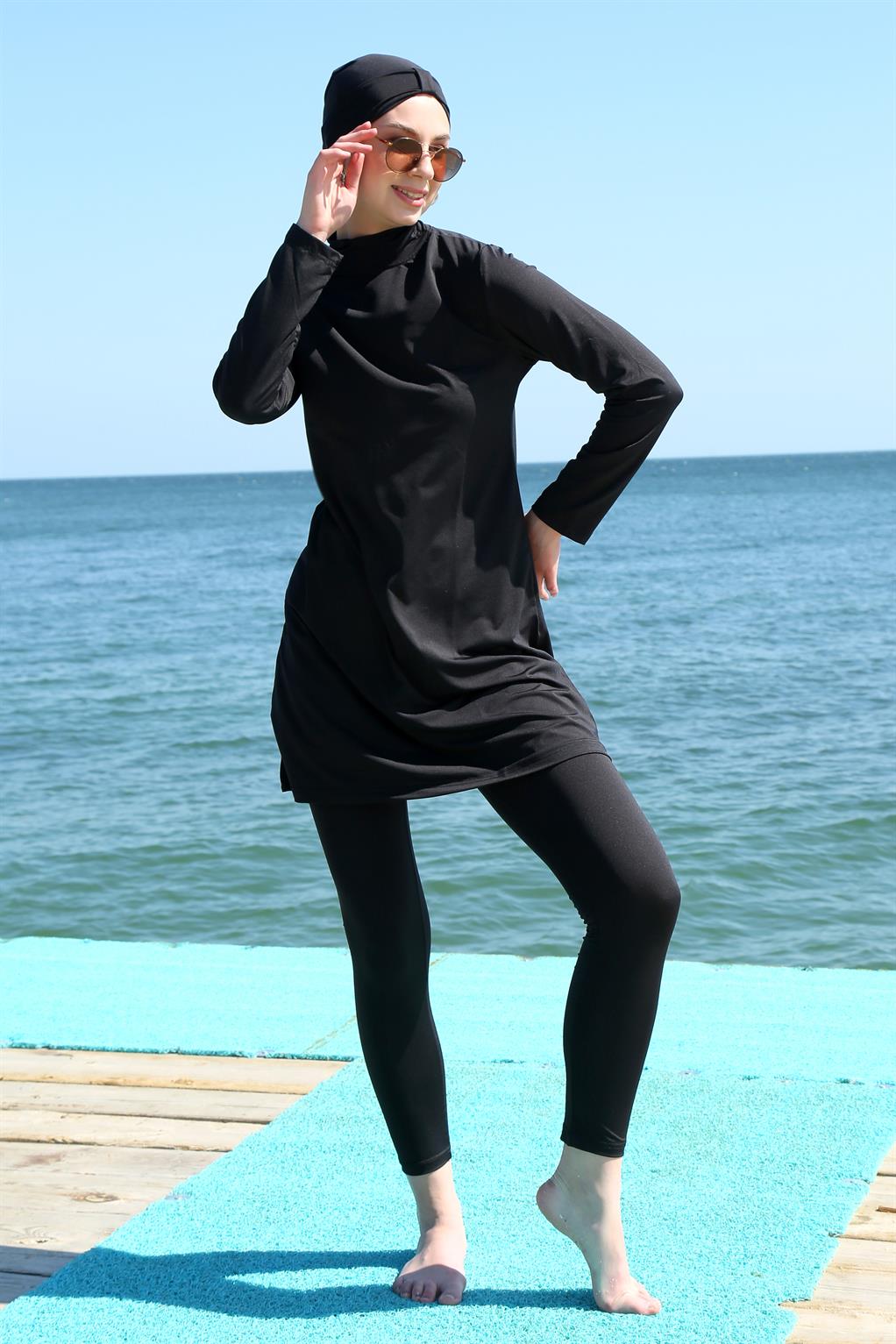 Moda Çizgi Uzun Kol Likralı Siyah Tesettür Mayo 31055 - M | Siyah