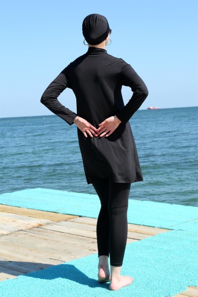Moda Çizgi Uzun Kol Likralı Siyah Tesettür Mayo 31055 - Thumbnail
