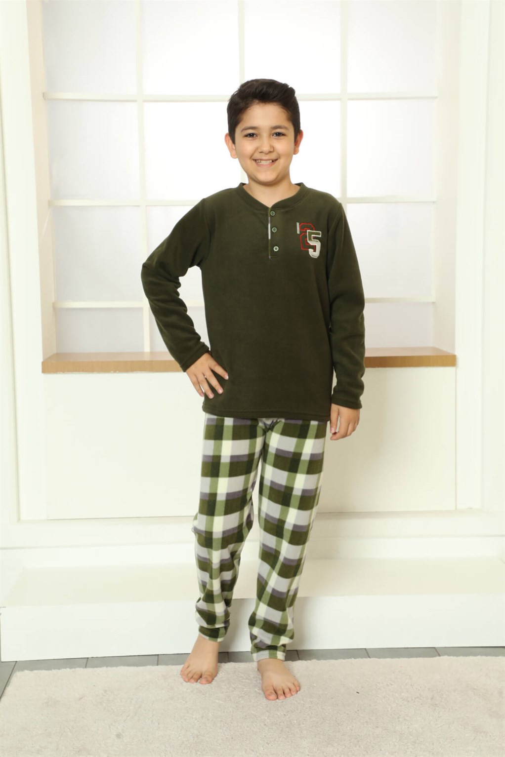 Moda Çizgi WelSoft Polar Çocuk Pijama Takımı 20251H - 14 | Haki